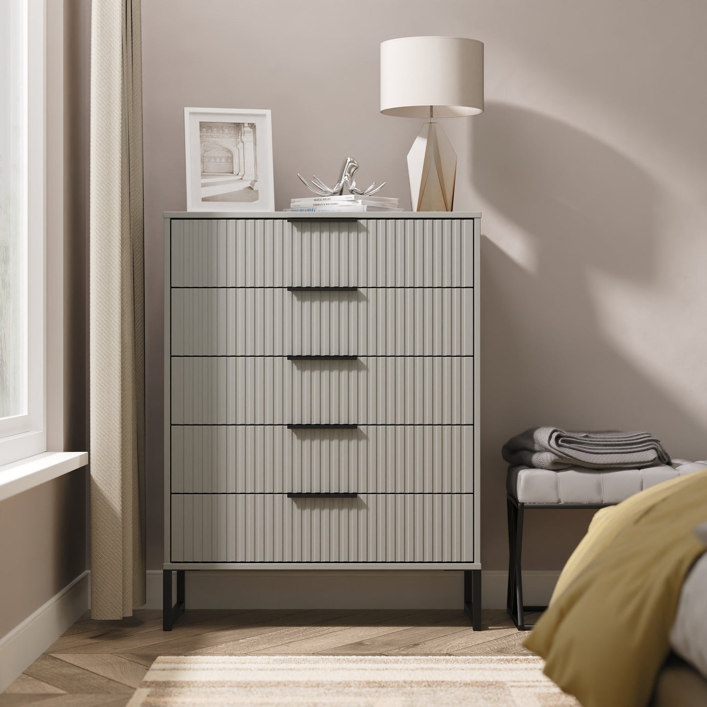 Fluted Tall Chest of Drawers Grey 5 Drawers 109cm