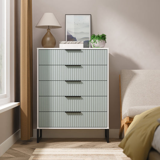 Fluted Tall Chest of Drawers Teal & White 5 Drawers 109cm