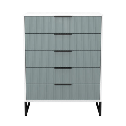 Fluted Tall Chest of Drawers Teal & White 5 Drawers 109cm