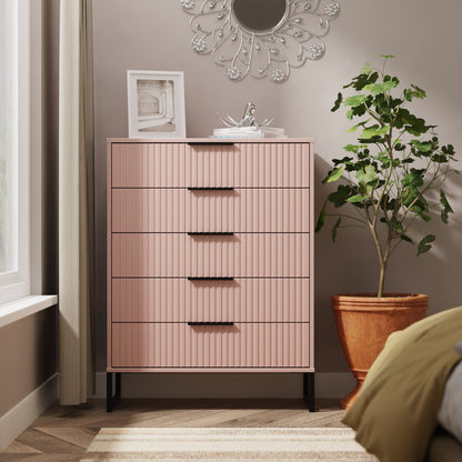Fluted Tall Chest of Drawers Pink 5 Drawers 109cm