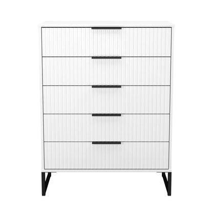 Fluted Tall Chest of Drawers White 5 Drawers 109cm
