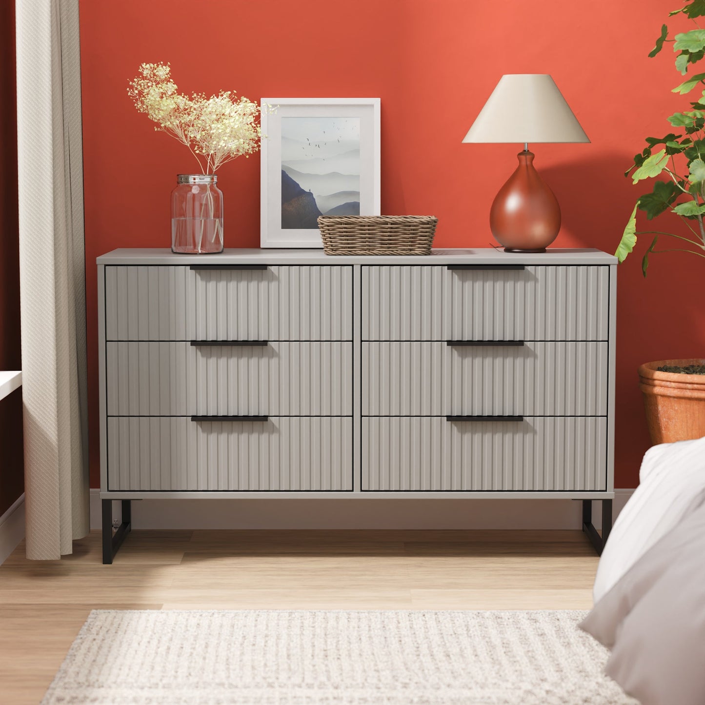 Fluted Large Chest of Drawers Grey 6 Drawers 115cm