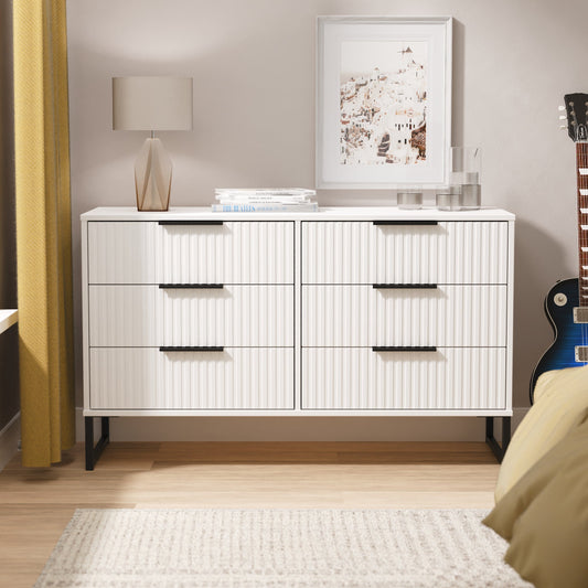 Fluted Large Chest of Drawers White 6 Drawers 115cm