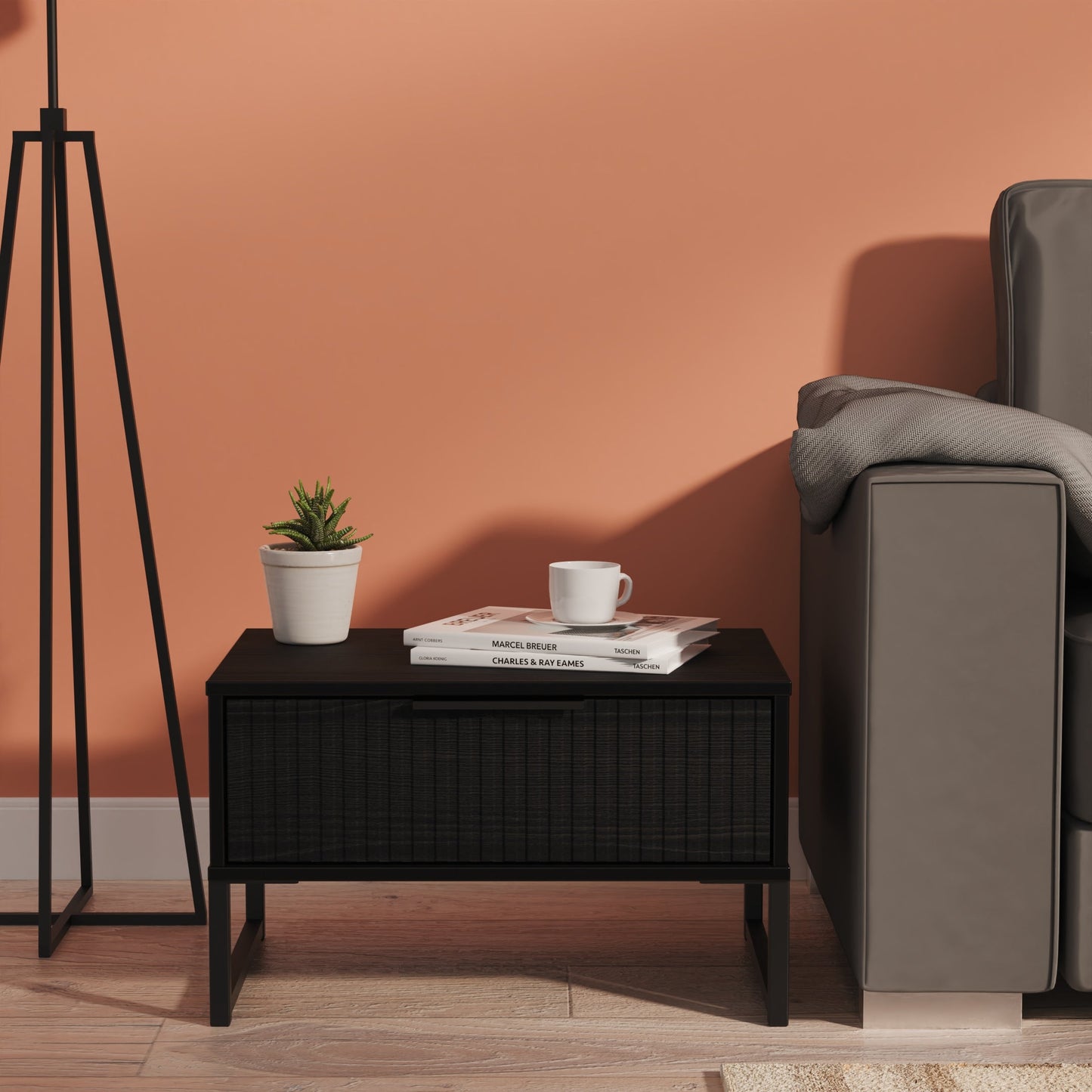 Fluted Side Table Black 1 Drawer 58cm