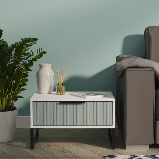 Fluted Side Table Teal & White 1 Drawer 58cm