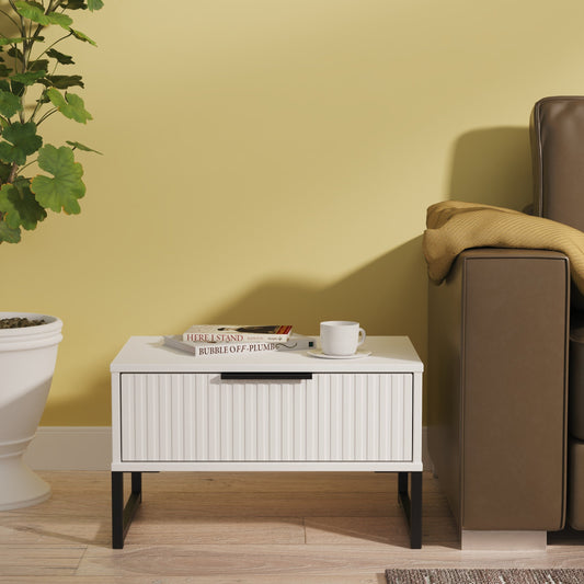 Fluted Side Table White 1 Drawer 58cm