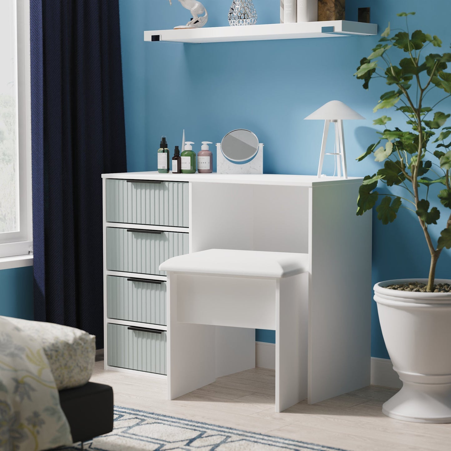 Fluted Desk Teal & White 4 Drawers 97cm