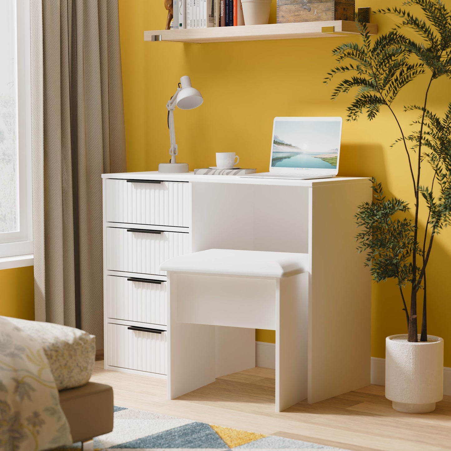 Fluted Desk White 4 Drawers 97cm