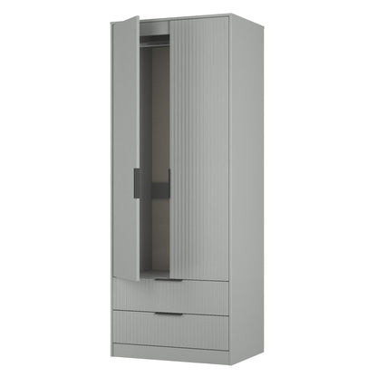 Fluted Tall Wardrobe Grey 2 Drawers 197cm