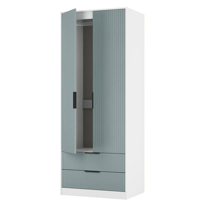 Fluted Tall Wardrobe Teal & White 2 Drawers 197cm