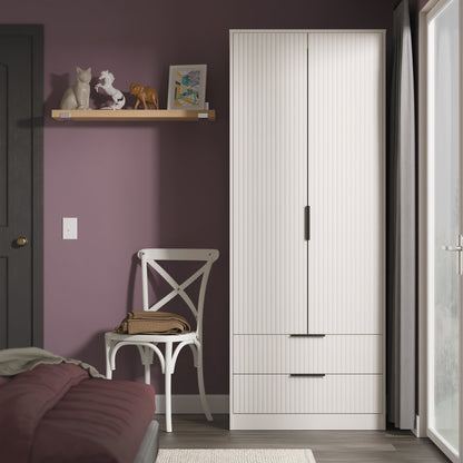 Fluted Tall Wardrobe Off-White 2 Drawers 197cm