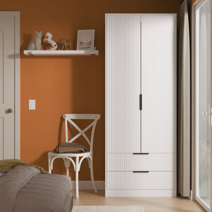 Fluted Tall Wardrobe White 2 Drawers 197cm