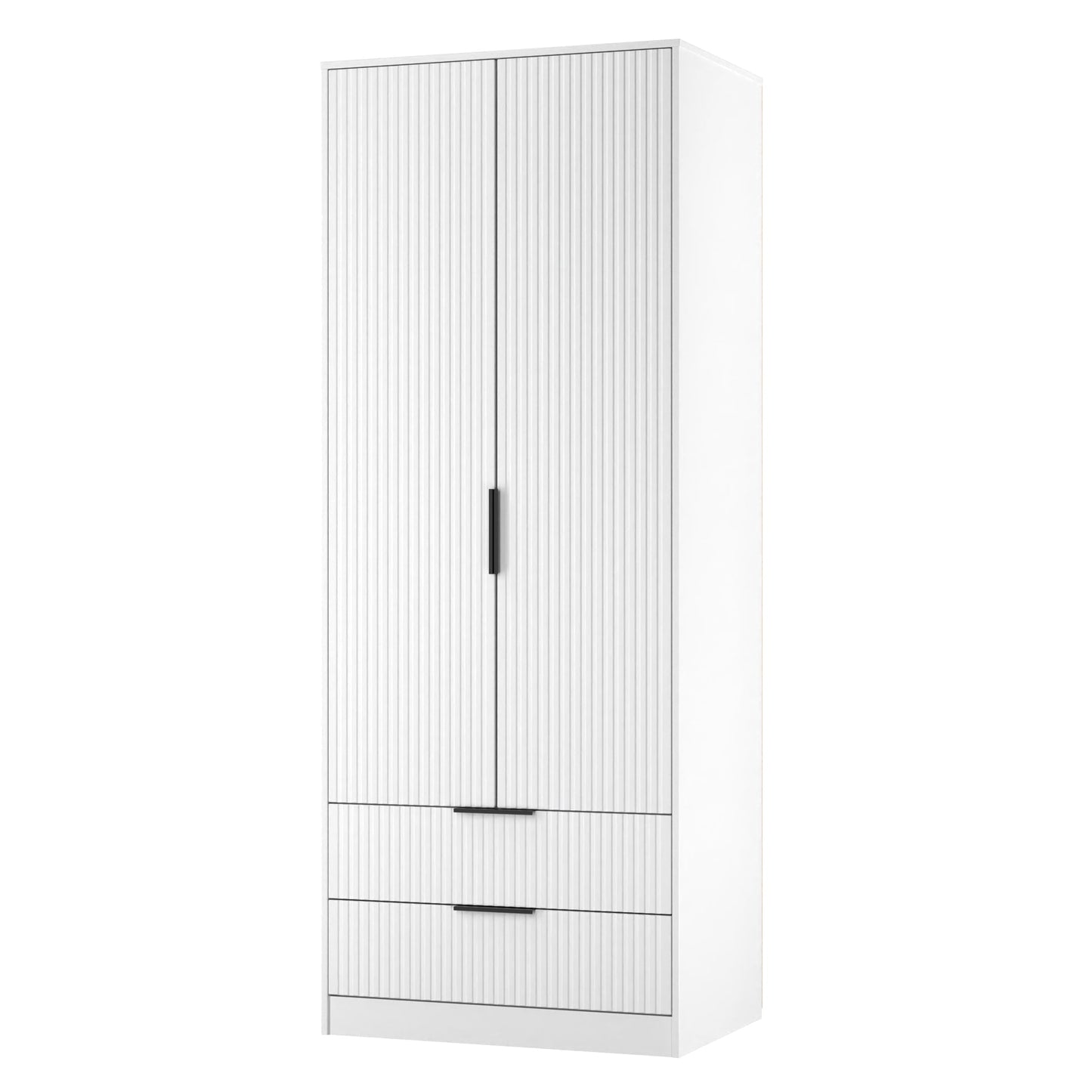 Fluted Tall Wardrobe White 2 Drawers 197cm