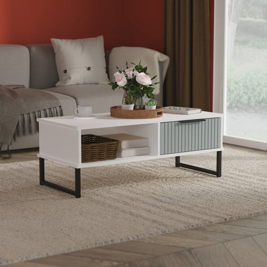 Fluted Coffee Table Teal & White 1 Shelf 1 Drawer 92cm
