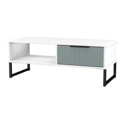 Fluted Coffee Table Teal & White 1 Shelf 1 Drawer 92cm