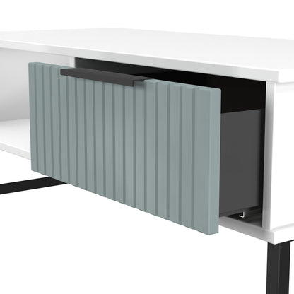 Fluted Coffee Table Teal & White 1 Shelf 1 Drawer 92cm