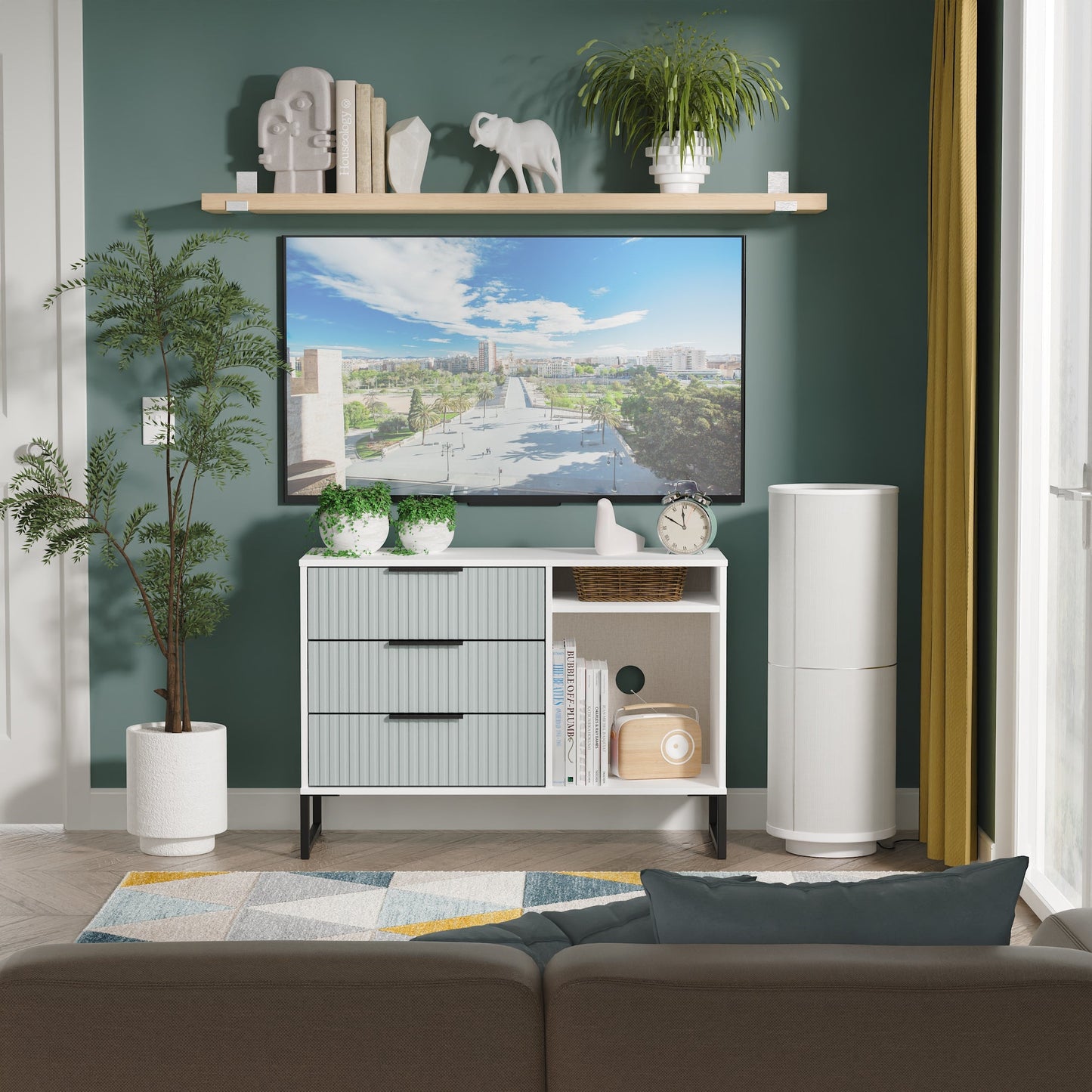 Fluted TV Unit Teal & White 2 Shelves 3 Drawers 97cm