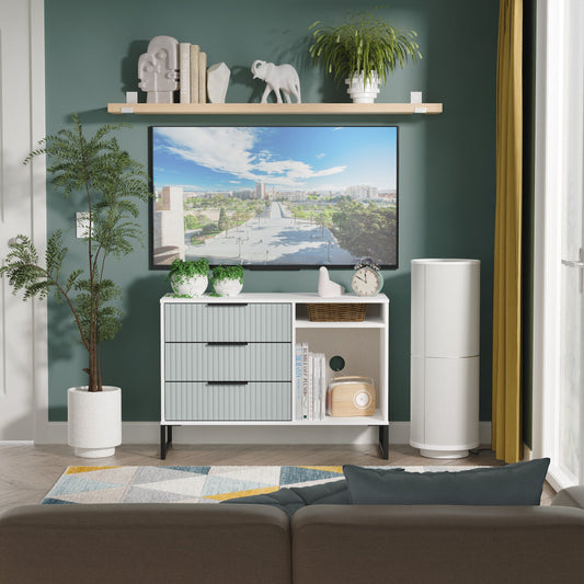 Fluted TV Unit Teal & White 2 Shelves 3 Drawers 97cm