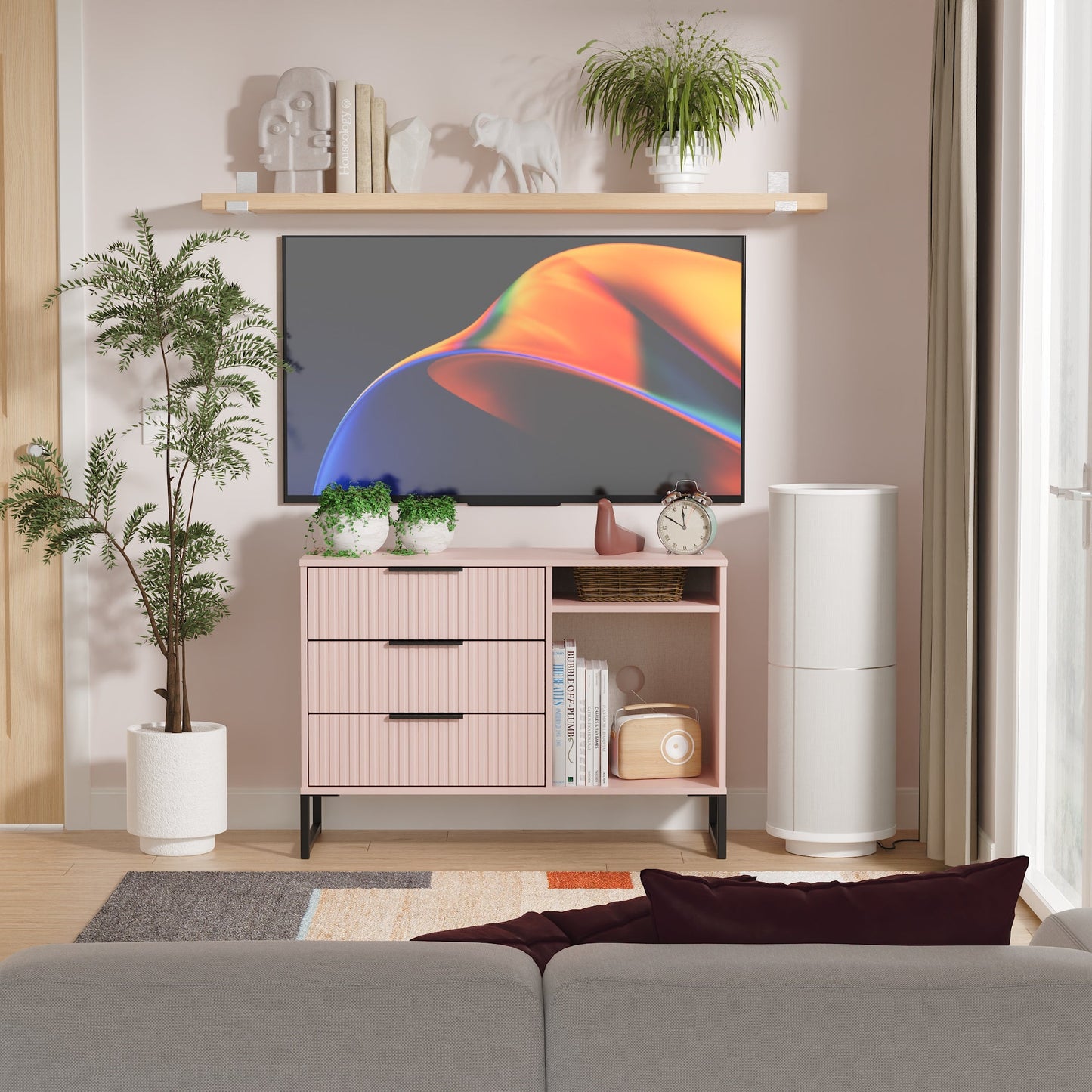 Fluted TV Unit Pink 2 Shelves 3 Drawers 97cm
