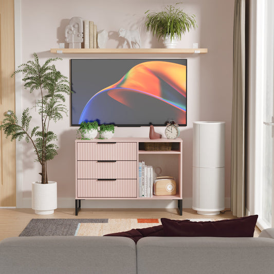 Fluted TV Unit Pink 2 Shelves 3 Drawers 97cm