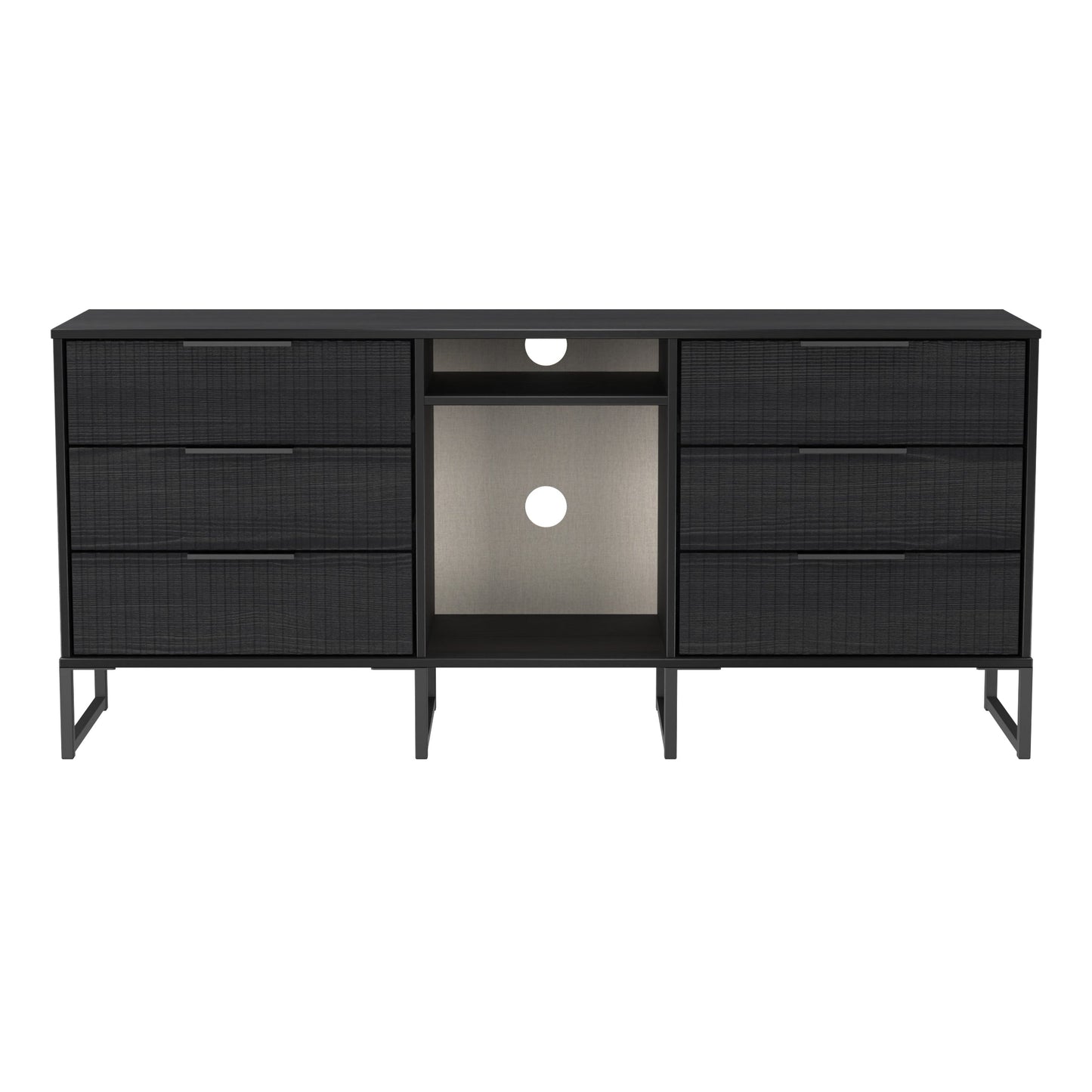 Fluted Large Sideboard Black 2 Shelves 6 Drawers 152cm