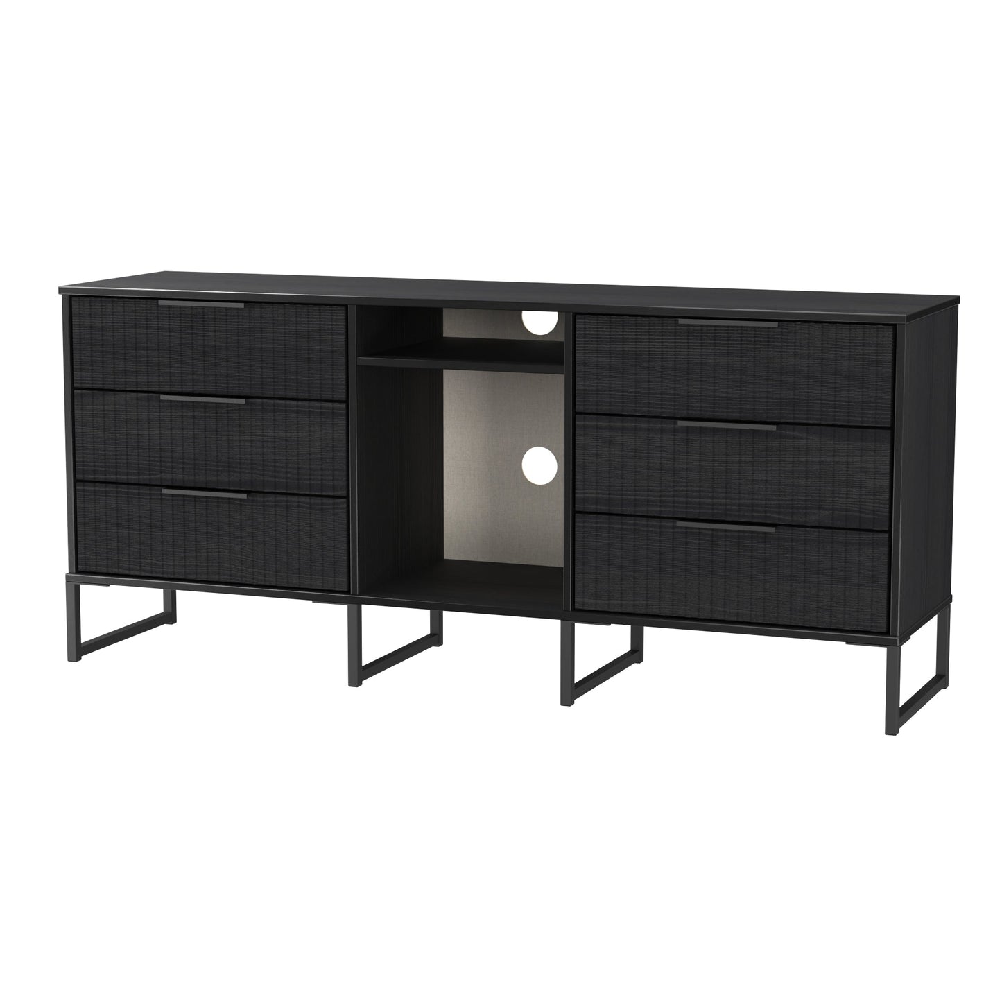 Fluted Large Sideboard Black 2 Shelves 6 Drawers 152cm