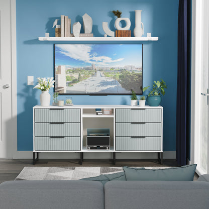 Fluted Large Sideboard Teal & White 2 Shelves 6 Drawers 152cm