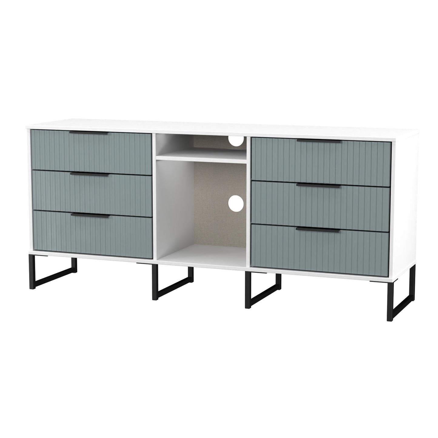 Fluted Large Sideboard Teal & White 2 Shelves 6 Drawers 152cm