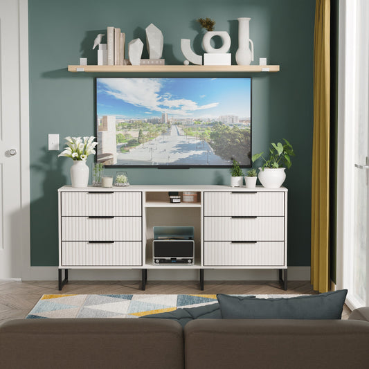 Fluted Large Sideboard Off-White 2 Shelves 6 Drawers 152cm