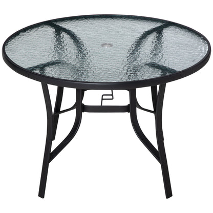 glass patio table with umbrella hole uk Metal Outdoor Top & Parasol Garden Sanctuary this outdoor dining table withstands the elements for years of quality use Garden Round Table with Umbrella
