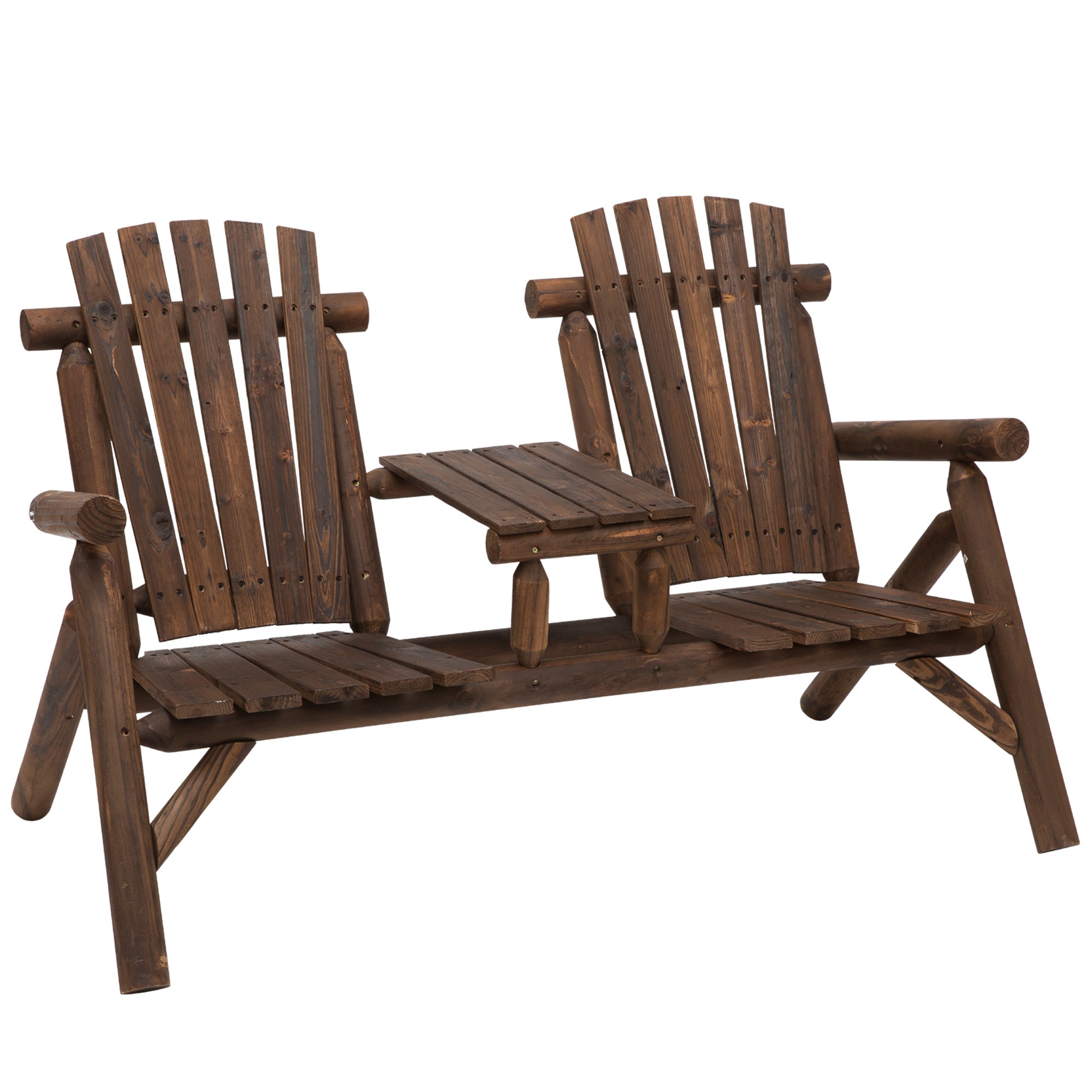 Wood Patio Chair Bench 2 Seat Jack and Jill Seat w/ Center Coffee