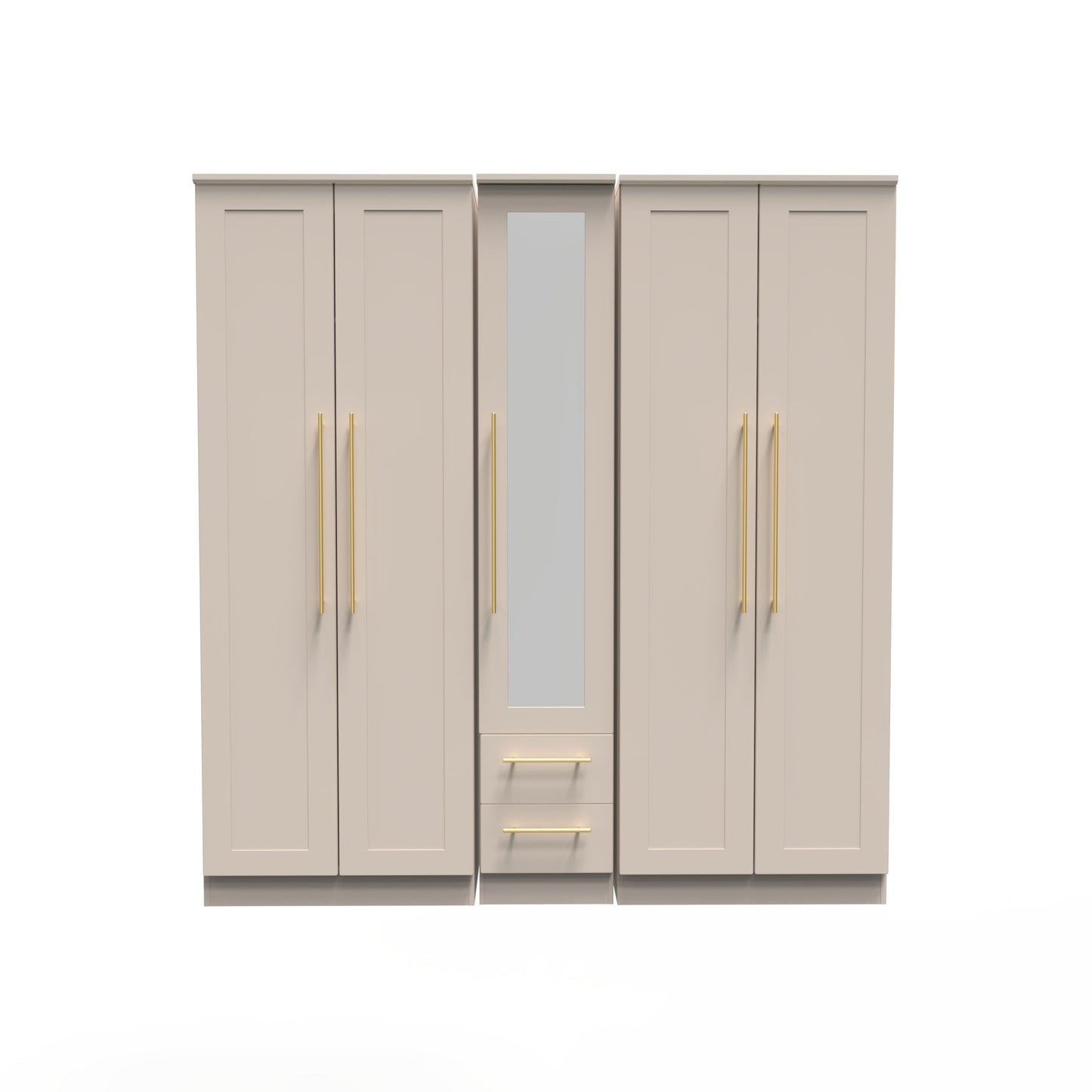 Haworth Tall Mirror Wardrobe Off-White 5 Doors 2 Shelves 2 Drawers 196cm