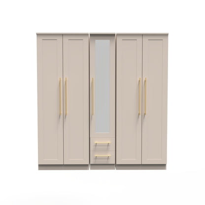 Haworth Tall Mirror Wardrobe Off-White 5 Doors 2 Shelves 2 Drawers 196cm