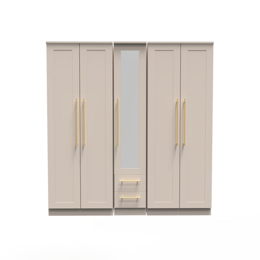 Haworth Tall Mirror Wardrobe Off-White 5 Doors 2 Shelves 2 Drawers 196cm
