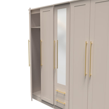 Haworth Tall Mirror Wardrobe Off-White 5 Doors 2 Shelves 2 Drawers 196cm