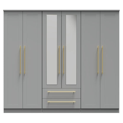 Haworth Tall Mirror Wardrobe Grey 6 Doors 2 Shelves 2 Drawers 222cm