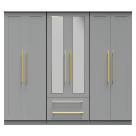 Haworth Tall Mirror Wardrobe Grey 6 Doors 2 Shelves 2 Drawers 222cm