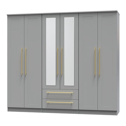 Haworth Tall Mirror Wardrobe Grey 6 Doors 2 Shelves 2 Drawers 222cm