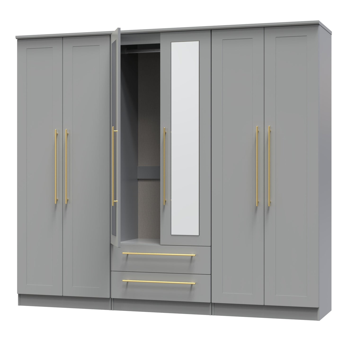 Haworth Tall Mirror Wardrobe Grey 6 Doors 2 Shelves 2 Drawers 222cm