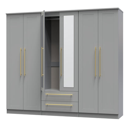 Haworth Tall Mirror Wardrobe Grey 6 Doors 2 Shelves 2 Drawers 222cm