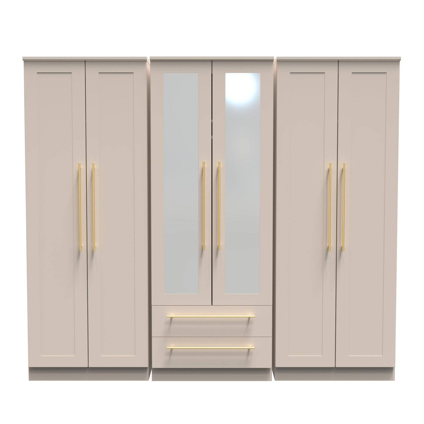 Haworth Tall Mirror Wardrobe Off-White 6 Doors 2 Shelves 2 Drawers 222cm