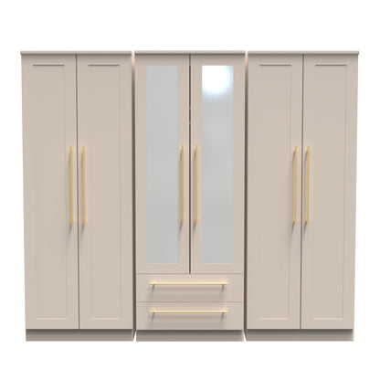 Haworth Tall Mirror Wardrobe Off-White 6 Doors 2 Shelves 2 Drawers 222cm