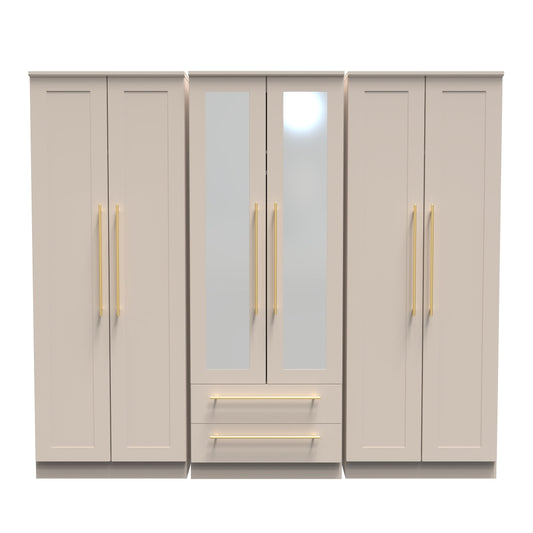 Haworth Tall Mirror Wardrobe Off-White 6 Doors 2 Shelves 2 Drawers 222cm