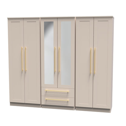 Haworth Tall Mirror Wardrobe Off-White 6 Doors 2 Shelves 2 Drawers 222cm