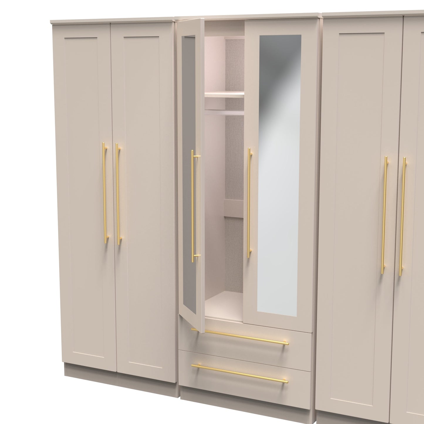Haworth Tall Mirror Wardrobe Off-White 6 Doors 2 Shelves 2 Drawers 222cm