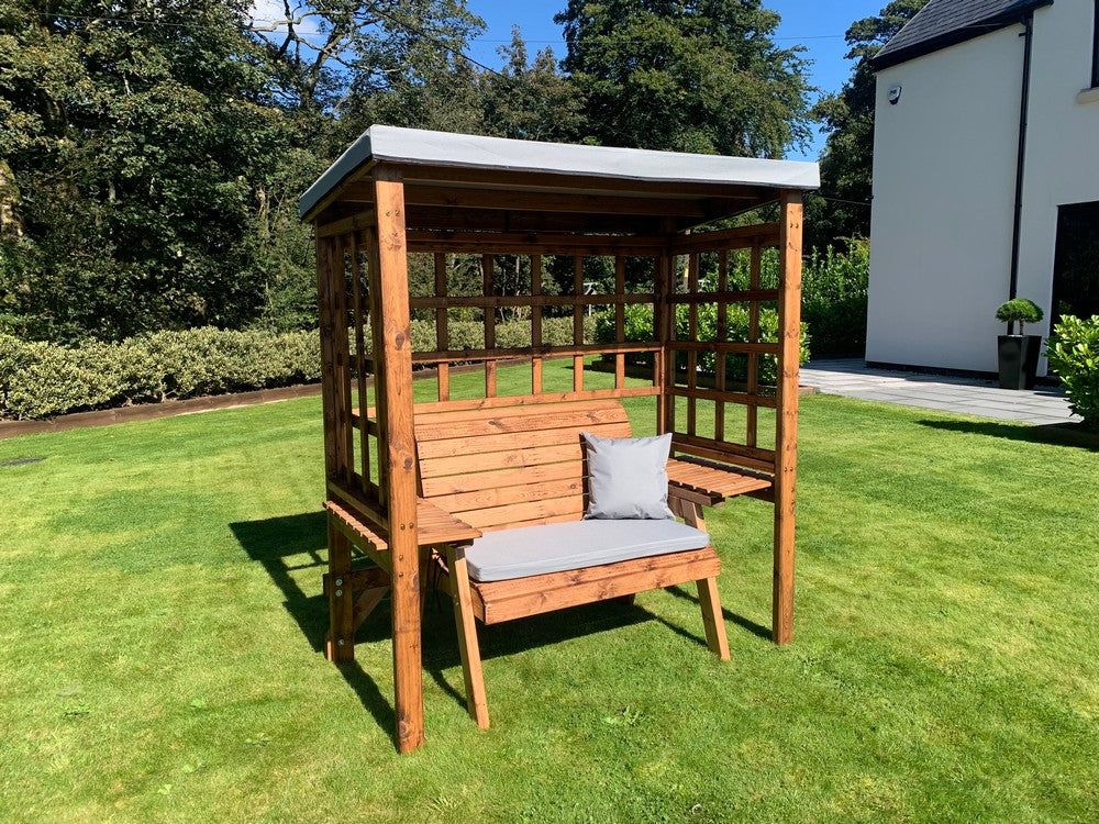 Scandinavian Redwood Garden Arbour by Charles Taylor - 2 Seats Grey Cushions