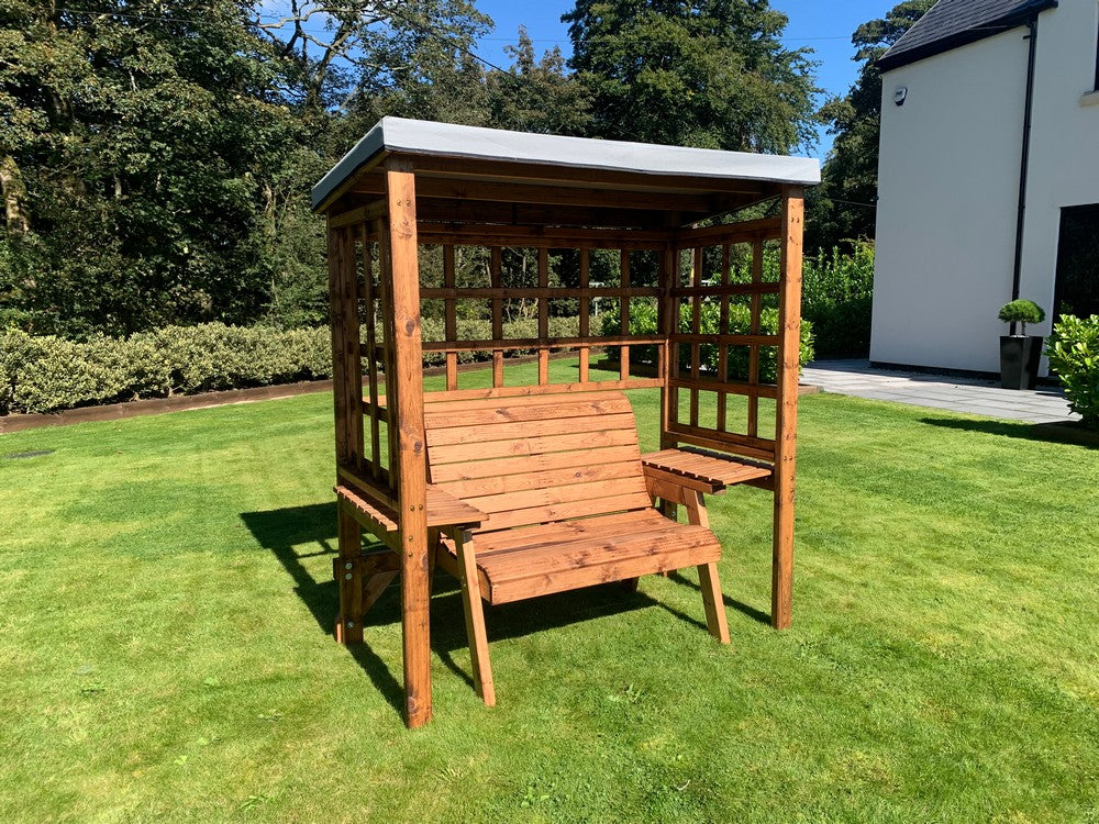 Scandinavian Redwood Garden Arbour by Charles Taylor - 2 Seats Grey Cushions