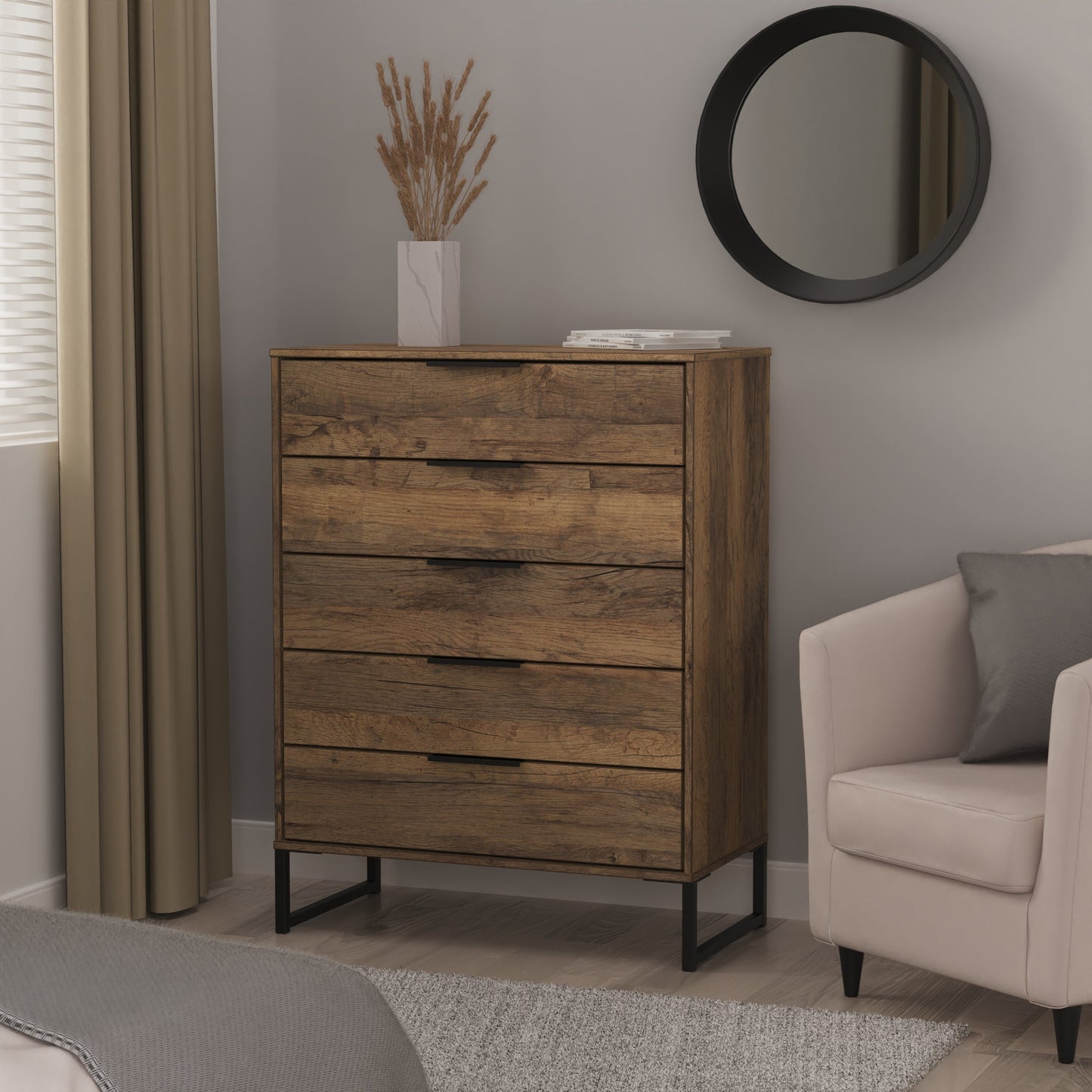 Hong Kong G Tall Chest of Drawers Oak 5 Drawers 109cm