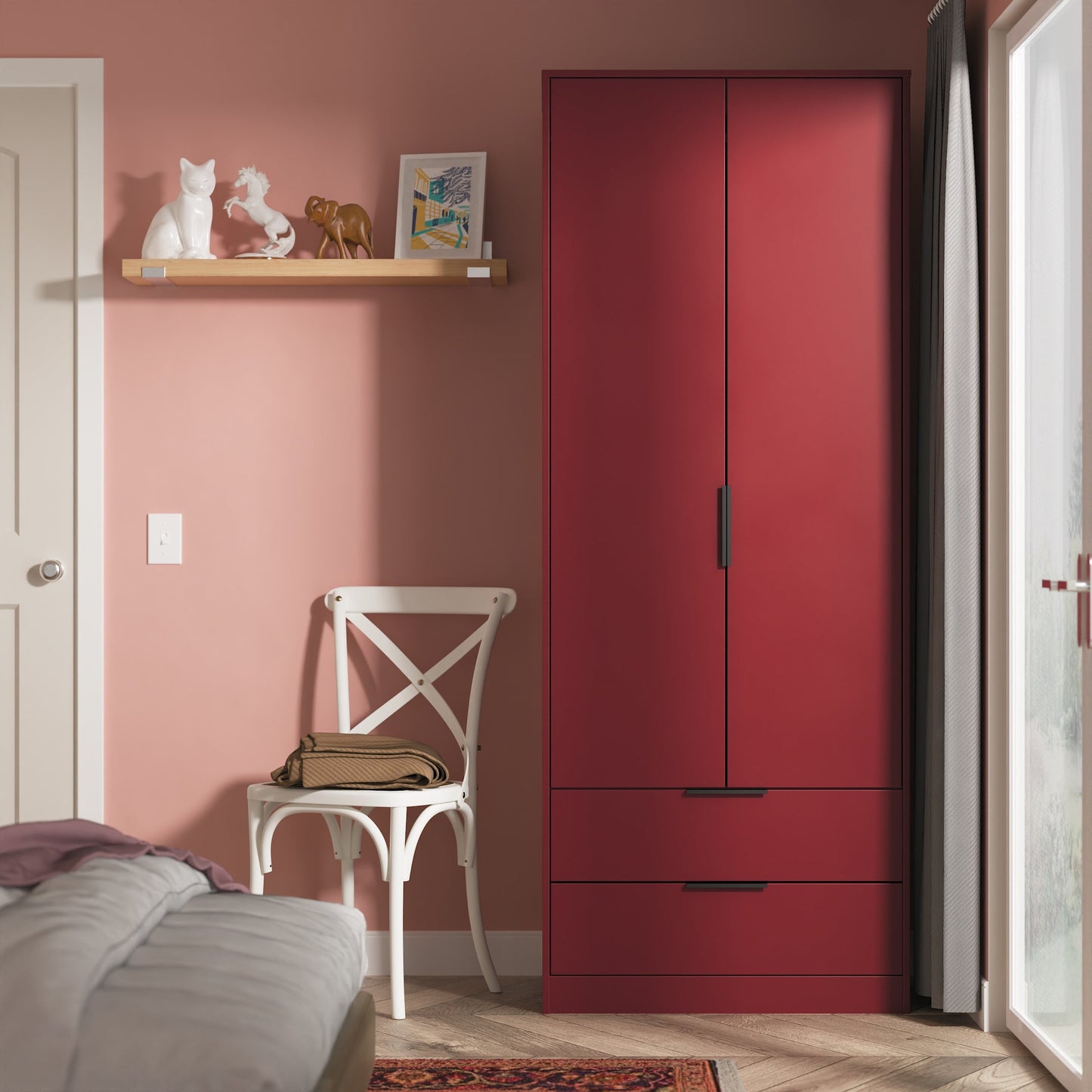 Hong Kong G Tall Wardrobe Red 2 Doors 2 Drawers 197cm