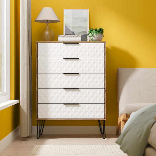 Harlequin Tall Chest of Drawers White & Oak 5 Drawers 109cm